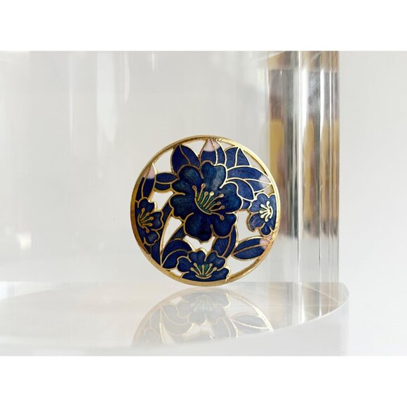 Blue Cloissone Floral Circular Gold Toned XL 90's Vintage Lapel Brooch Pin - Picture 4 of 9